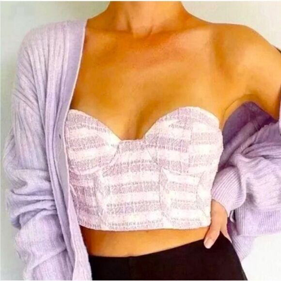 NWT Zara Pink Purple White Plaid Tweed Textured Corset Crop Top Sz M - Picture 9 of 9